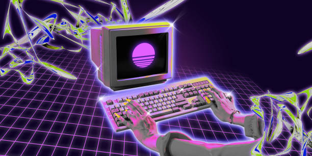 Poster. Modern aesthetic artwork. Female hands turning on vintage desktop computer against wireframe background. Trendy retro futurism.