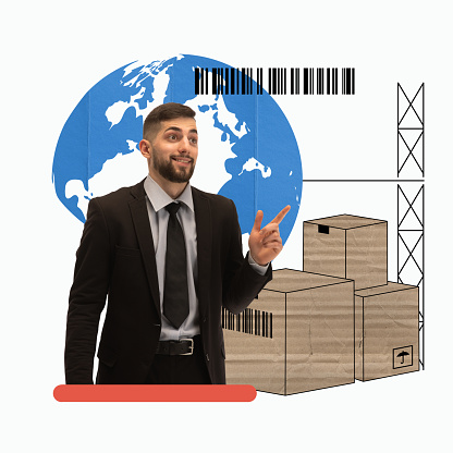 Man standing near cardboard boxes with scanning codes over world map background. Smart packaging technologies in logistics. Concept of logistics, cargo companies, worldwide shipping, delivery services