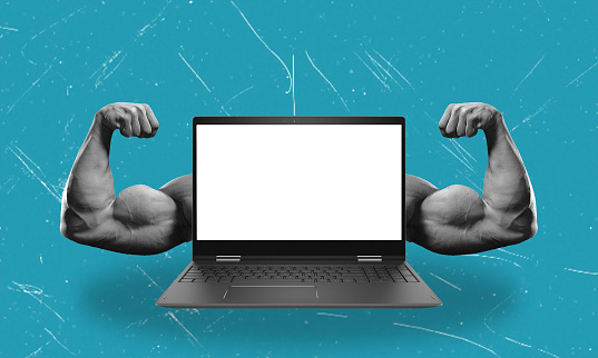 Contemporary art collage. Image of a modern laptop and strong arm muscles in the background. The concept of propaganda on the Internet.