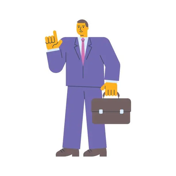 Vector illustration of Businessman points finger up holding suitcase