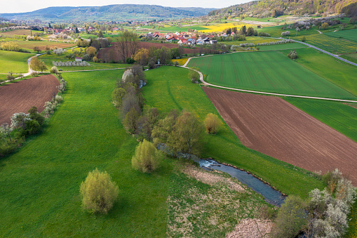 Bird's-eye view of the landscape near Pretzfeld/Germany in Franconian Switzerland in spring