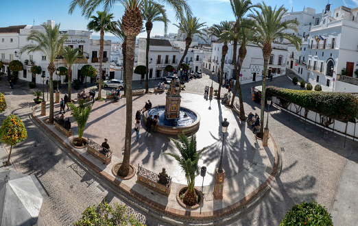 Vejer de la Frontera, Cadiz, Spain - February 4, 2024: Panoramic view from above of the Plaza España in Vejer de la Frontera, in the province of Cadiz, Andalusia, Spain.