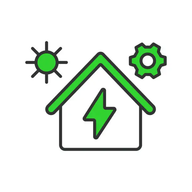 Vector illustration of House solar panels settings in line design green. House, solar, panels, settings, panel, support, power, business isolated on white background vector. House solar panels settings editable stroke icon.