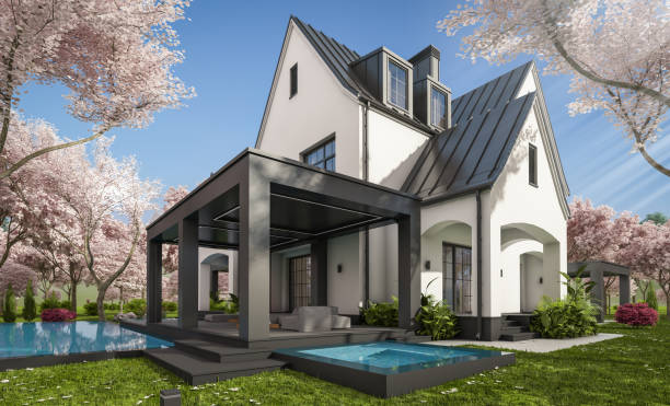 istock 3d rendering of new concrete house in modern style in spring day 1995402571