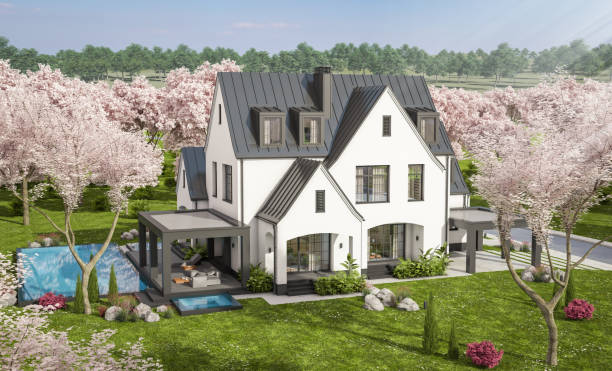 istock 3d rendering of new concrete house in modern style in spring day 1995402660