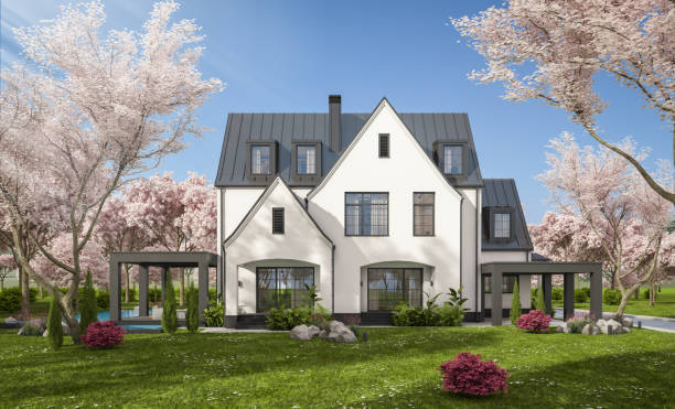 istock 3d rendering of new concrete house in modern style in spring day 1995403086