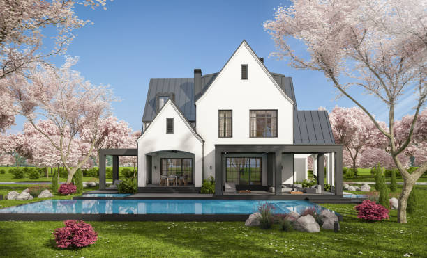 istock 3d rendering of new concrete house in modern style in spring day 1995403094