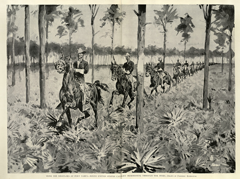 Vintage picture, Military history, Buffalo Soldiers, 9th US Cavalry regulars, Port Tampa, Skirmishing through the pines, 1890s