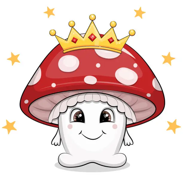 Vector illustration of Cute cartoon red mushroom king with golden crown.