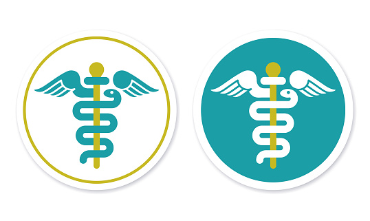Modern medical caduceus snake healthcare line icon symbol design element.