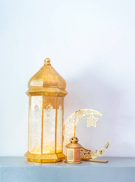 istock Moroccan lantern lamp with crescent moon shape, Ramadan Mubarak greeting image 1995438999