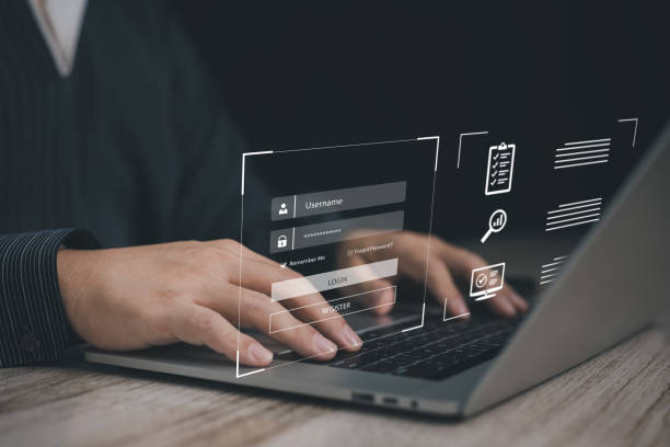 istock cybersecurity or internet access security concept : Business man use his finger to touching or pressing the virtual screen to lock or unlock important data on laptop using computer security system... 1995444809