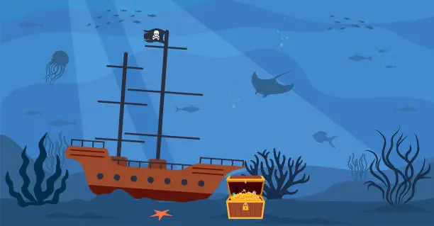 Vector illustration of Underwater scenery with open pirate treasure chest and pirate ship on bottom. Vector illustration.
