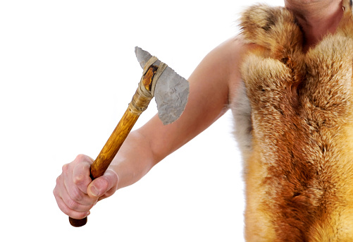 Cavemen with Fox Fur Coat and Stone Age Axe on white Background - Prehistoric Stone Tool