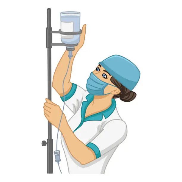 Vector illustration of Nurse Prepares Dropper. Vector Illustration of a Nurse in a Medical Gown, Protective Mask, Headgear and Dropper. Medicine Concept