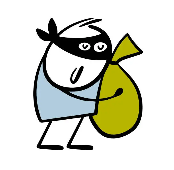 Vector illustration of Happy stickman hugs green bag of money. Cartoon thief stole cash from the bank. Vector illustration of cybercrime. Isolated hand drawn stickman on white background.