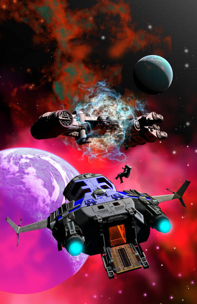 spaceships and astronaut flying around an alien planetary system in the nebula, 3d illustration, science fiction scene