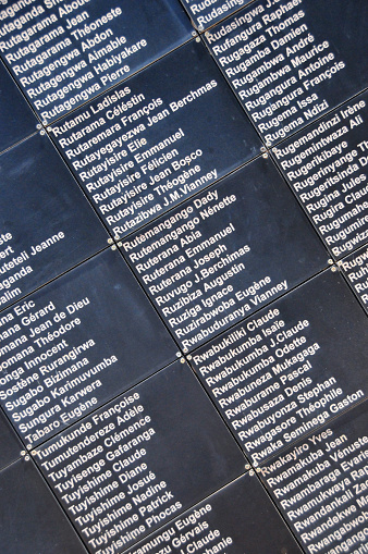 Gisozi, Kigali, Rwanda: Rwandan Genocide memorial names wall - an estimated 500,000 to 1 million Tutsis (70% of the total population) and moderate Hutus were murdered over a 100-day period from April 7 to July 15, 1994. Most of the killings were committed by two Hutu militias, the Interahamwe, and the Impuzamugambi.