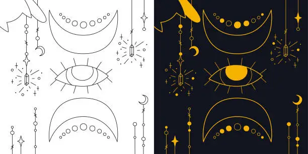Vector illustration of Mystical composition with the all-seeing eye and crescents. Two-color and black and white outline vector illustration.