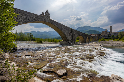 Gobbo Bridge also Devil Bridge or Ponte del Diavolo or Ponte Gobbo in Bobbio, Piacenza province, Trebbia Valley, Emilia Romagna, Italy