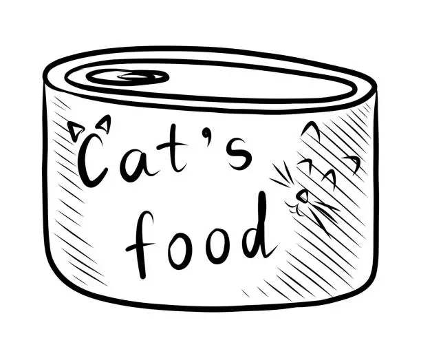 Vector illustration of BLACK AND WHITE VECTOR DRAWING OF CANNED FOOD CANS FOR A CAT