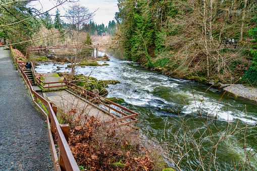 A view of a wooden walking bridge apnning the Deschutes River in Washington State.