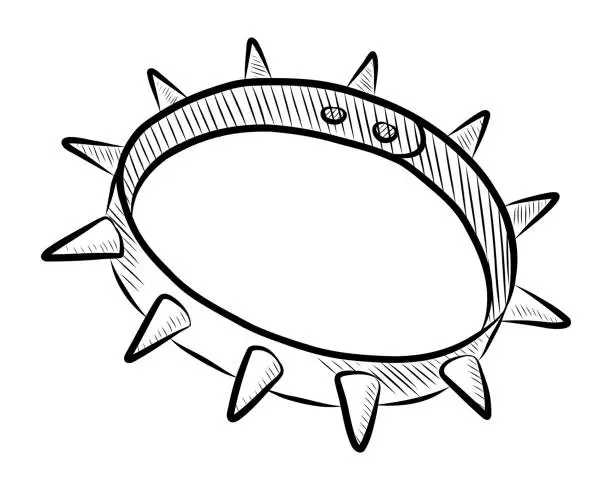 Vector illustration of BLACK AND WHITE VECTOR DRAWING OF A DOG COLLAR WITH SPIKES FOR PETS