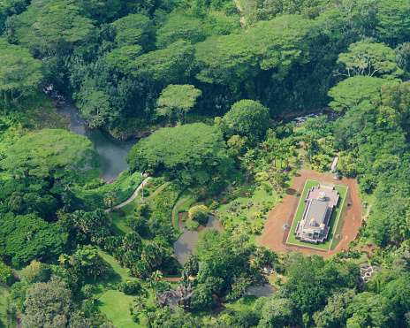 Aerial view of the Iraivan Temple at the Kauai Hindu Monastery, Island of Kauai, Hawaii