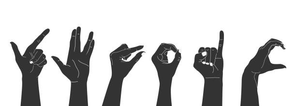 Set of raised human hands silhouettes showing different gestures. Vector illustration Set of raised human hands silhouettes showing different gestures. Vector illustration vulcan salute stock illustrations