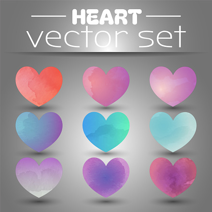Vector set of colorful watercolor hearts. Variations separate elements of heart color for flier, greeting card, poster, background, wallpaper, design.