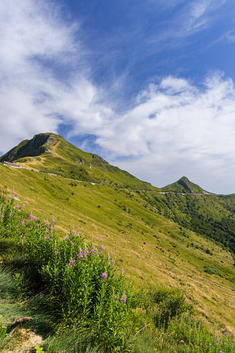 Puy Mary (1783 m) with road, Cantal, Auvergne-Rhone-Alpes region, France