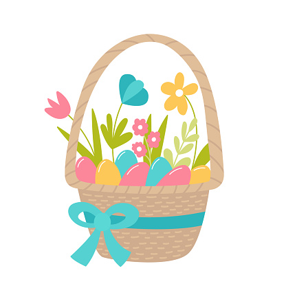 Easter Basket with blue bow and colored eggs vector flat illustration. Wicker basket with flowers and eggs