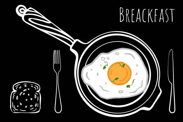 Vector illustration of Scrambled egg in a frying pan with bread, knife, fork. Fried egg,  frying pan, toast. Vector hand drawn doodle illustration on black background. chalkboard effect for menu cafe, restaurant, poster