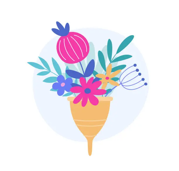 Vector illustration of Menstrual cup with flowers. Eco protection for woman in critical days. Vector illustration on the theme of menstruation, feminine hygiene products