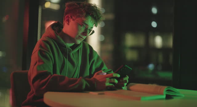 Teenage boy using phone in a modern city apartment at night