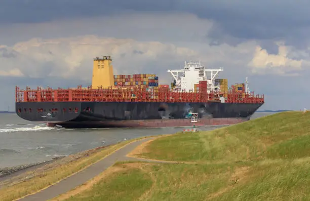 a big container ship navigates through the western scheldt sea very close to the green sea dyke at the dutch coast near terneuzen towards the port of antwerp closeup in summer