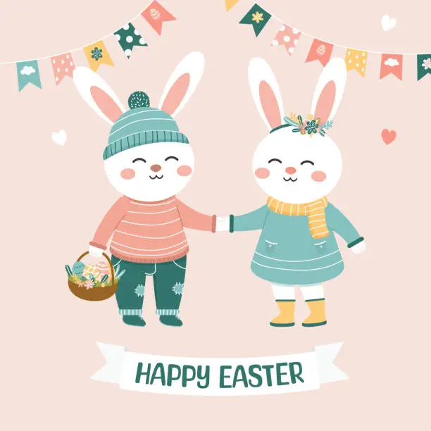Vector illustration of Two Adorable Cartoon Bunnies Celebrating Easter With Decorations And A Basket