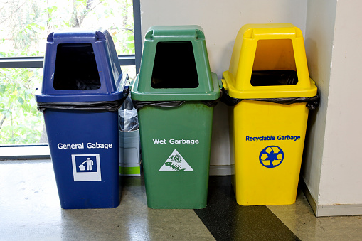 Colorful plastic bins for different waste types . Currently, we segregate garbage, raw materials such as metals and plastics, paper, glass and biodegradable waste and separate them from waste that cannot be recycled. Thanks to this, it is possible to obtain the most valuable raw materials for recycling.