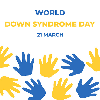 World Down Syndrome Day Banner. 21 March. Kids' handprints in blue and yellow colors. Square shape. Vector illustration.