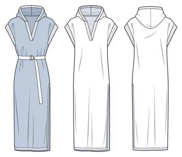 Vector illustration of Hooded Dress technical fashion illustration. Jersey midi Dress fashion flat technical drawing template, side slit, relaxed fit, knit, belt, rib, front and back view, white, blue, women CAD mockup set.