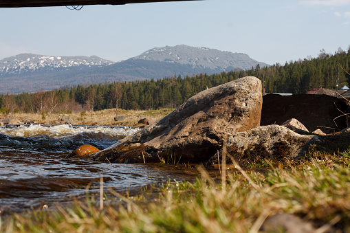 The river flows over small stones and boulders, with overgrown banks and clear water. Surrounded by a lush forest, its a peaceful scene. A wooden bridge adds to the tranquil view.