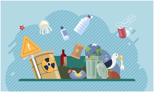 Water pollution. Vector illustration. Recycling is effective way to reduce waste and promote more sustainable environment Renewable energy sources offer cleaner alternative to fossil fuels reducing
