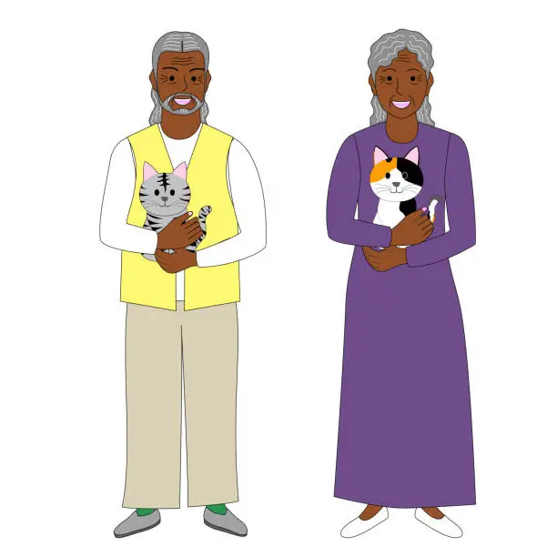 Vector illustration of Black senior couple, holding a pet, white background