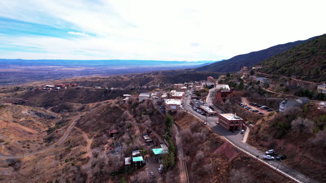 Aerial View of Jerome, Arizona USA, Old Mining Hillside Town, Road and Buildings