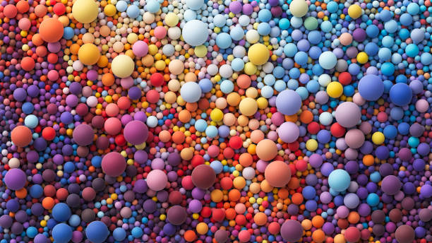 Many colored big and small random balls Background with many colorful big and small random spheres. Huge pile of colorful matte soft balls in different sizes. Top view with lots of different colored bubbles or orbs. Vector background colorful backgrounds stock illustrations