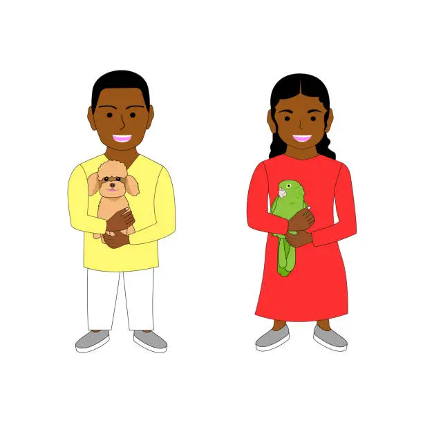 Vector illustration of Black boy and girl with animal.