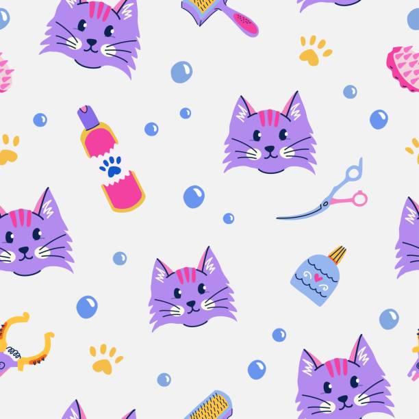 istock Seamless pattern with cute cat, shampoo, nail clippers, scissors. Pet grooming concept. Vibrant and modern vector background for social media, posts, prints 1995782512