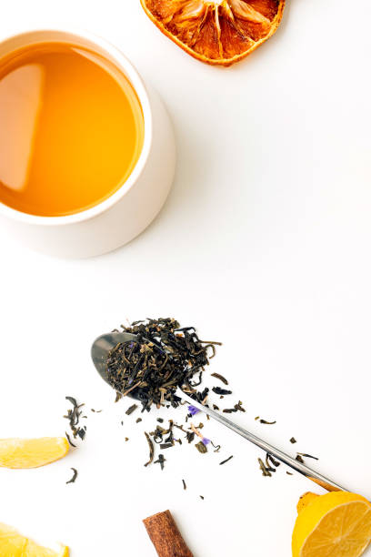 istock Tea composition teapot and teacup with tea bags on white table. Flat lay. 1995810765