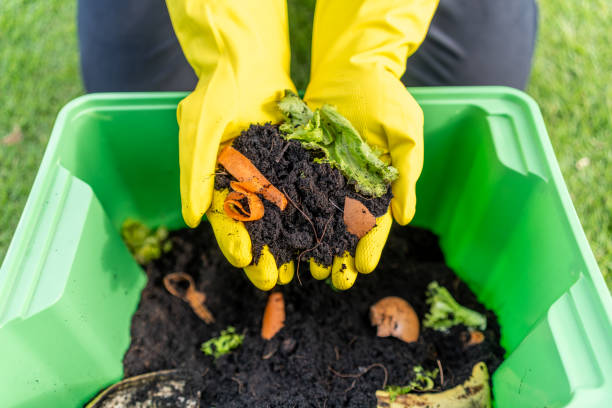 istock Ecology compost supply Kitchen waste recycling composter environmentally friendly. The young man throws leftover fruit peel egg shell and vegetables reduce waste 1995825948