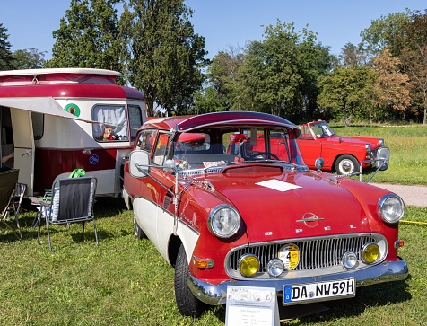 Weiterstadt, Germany September 24, 2023: Opel Rekord P1 and Eriba Hymer caravan at Chromblitz in Weiterstadt at Braunshardt Castle